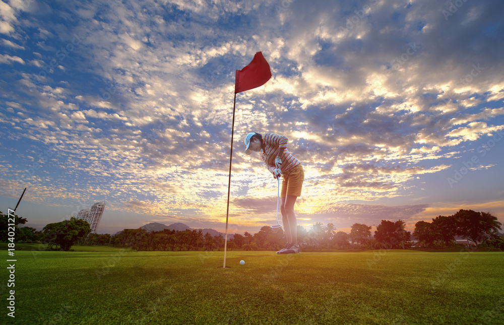 woman golf player attending in putting golf ball into the hole on the green in golf course at sunrise scenery in background woman golf player attending in putting golf ball into the hole on the green in golf course at sunrise scenery in background