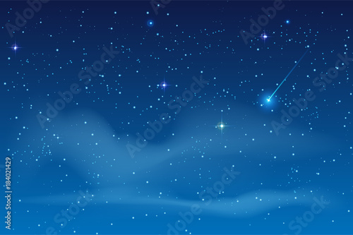 Blue night starry sky. Bright star to fall meteorite