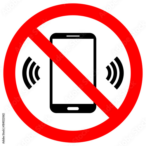 NO CELL PHONES USE crossed out sign. Keep silence symbol. Smartphone icon in red circle.