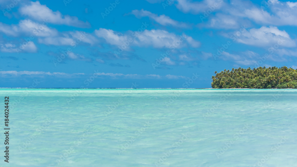 Desert island, motu, in French Polynesia, panorama with coconut palms 
