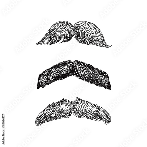 Set of realistic hand drawn vector mustache in black and white illustration