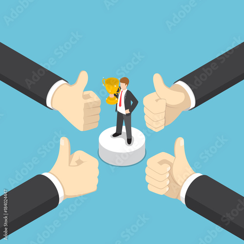 Isometric businessman hands show thumb up finger gesture to business winner.