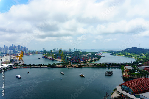 Photography panorama landscape view of commercial port of singapore with cloudy sky