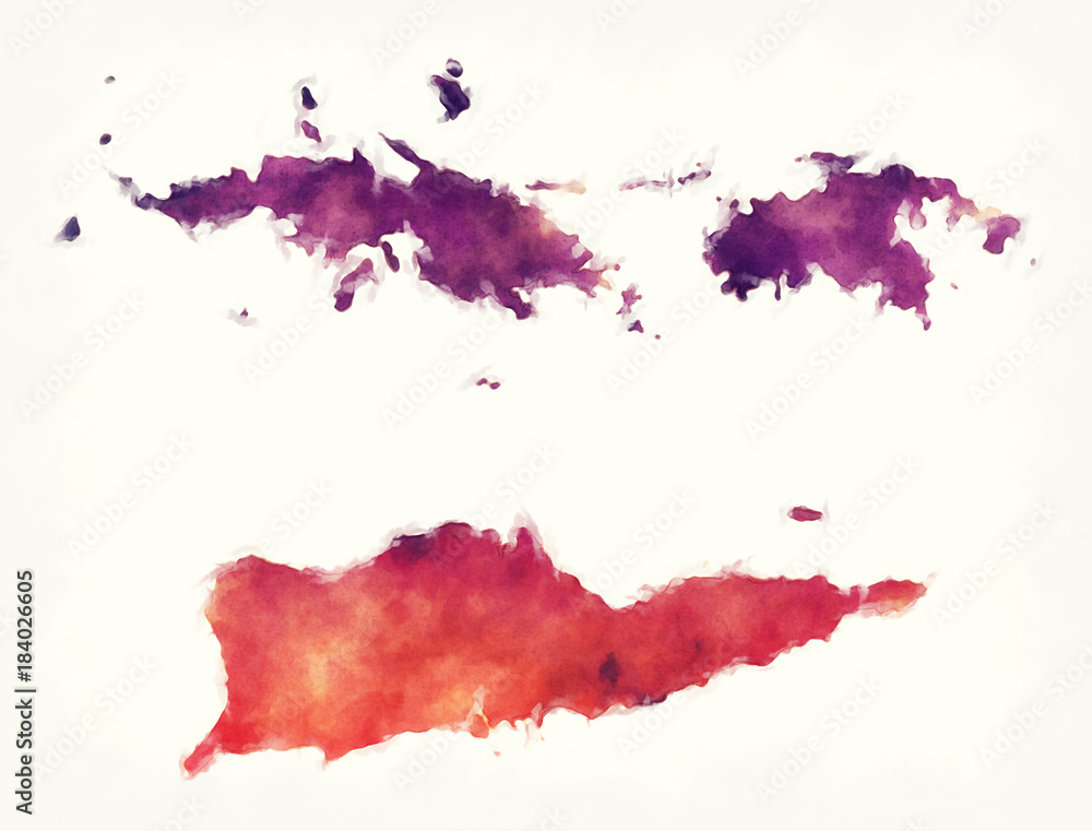US Virgin Islands watercolor map in front of a white background