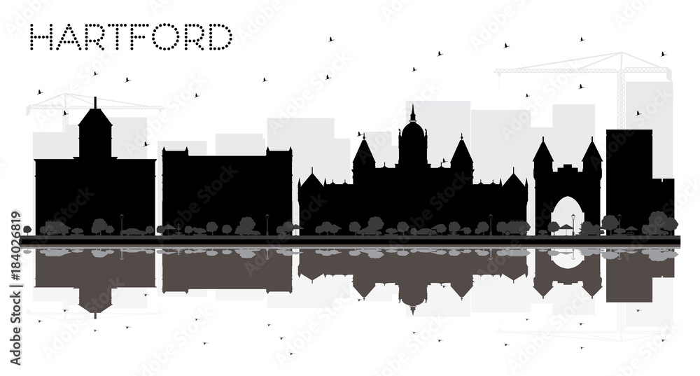 Hartford Connecticut USA City skyline black and white silhouette with Reflections.