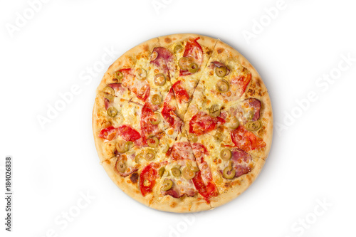 pizza with tomatoes, cheese on white background
