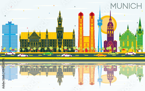Munich Germany Skyline with Color Buildings, Blue Sky and Reflections.