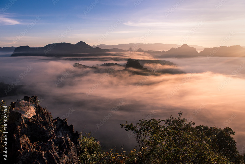 foggy landscape in north of Thailand with twilight sky