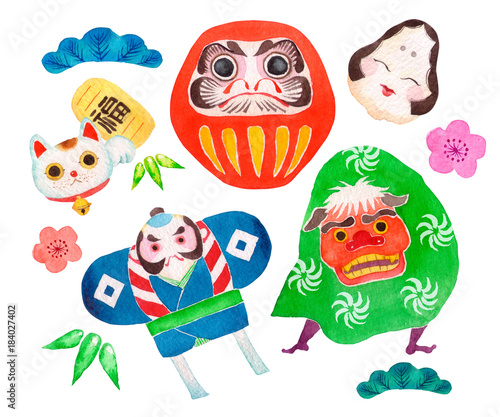 正月 縁起物 セット 水彩 イラスト Stock Illustration Adobe Stock 正月 縁起物 セット 水彩 イラスト Stock Illustration Adobe Stock