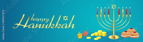 Hanukkah banner vector illustration, Gold text with Beautiful Menorah (traditional candelabra), Sufganiyot (Jelly Doughnuts), coins and toys.