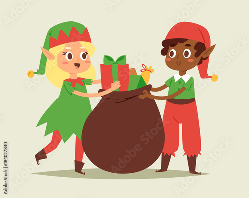 Christmas elfs kids vector children Santa Claus helpers cartoon elfish boys and girls young characters traditional costume celebrated