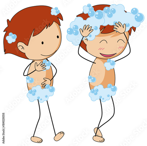 Two boys taking shower