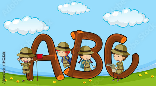 Font ABC with kids in boyscout uniform