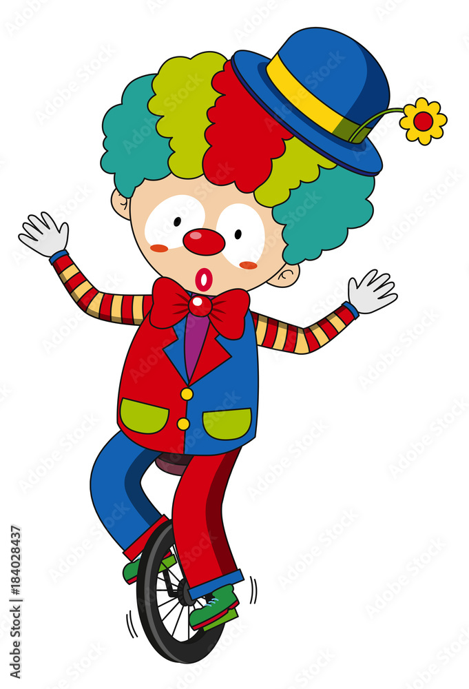 Happy clown riding on wheel