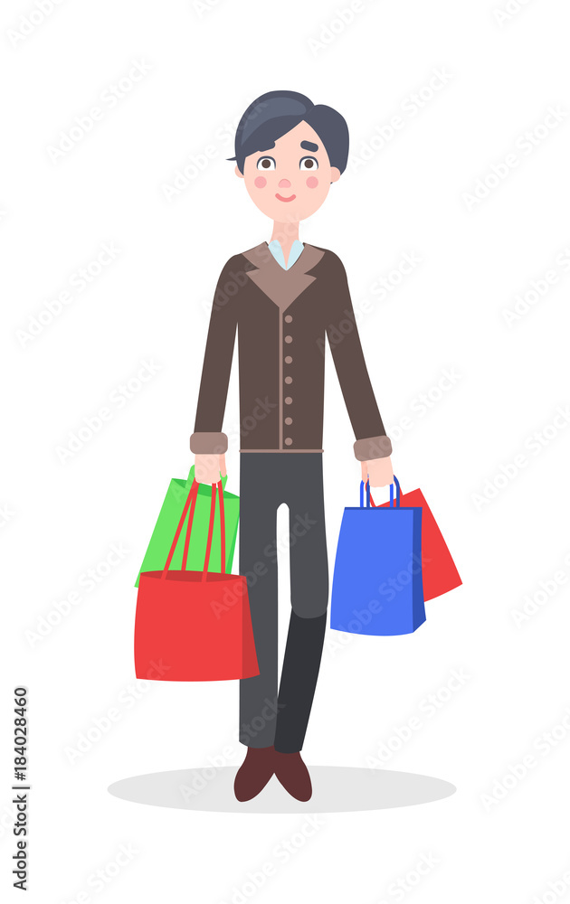Young Man with Paper Bags Flat Vector Icon Young Man with Paper Bags Flat Vector Icon
