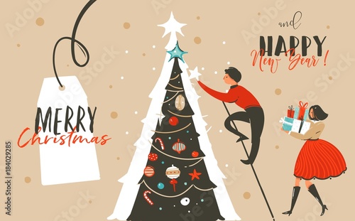 Hand drawn vector abstract fun Merry Christmas time cartoon header illustration greeting card with family,surprise gift boxes,Christmas tree and xmas calligraphy isolated on craft background