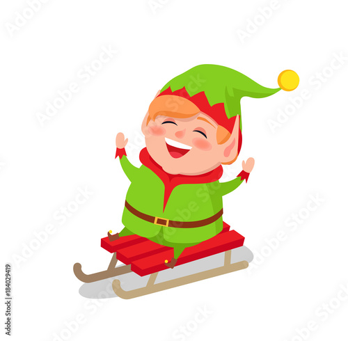 Happy Elf Riding on Sleigh Vector Isolated White