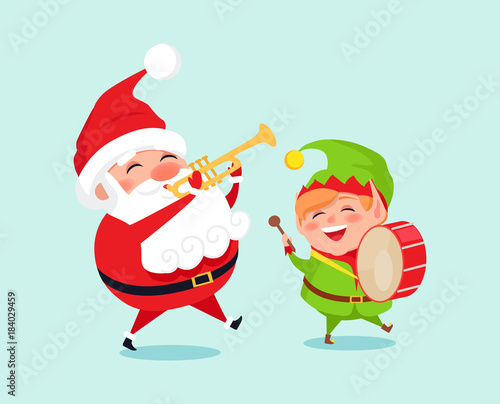 Santa Playing on Trumpet, Green Elf with Drum