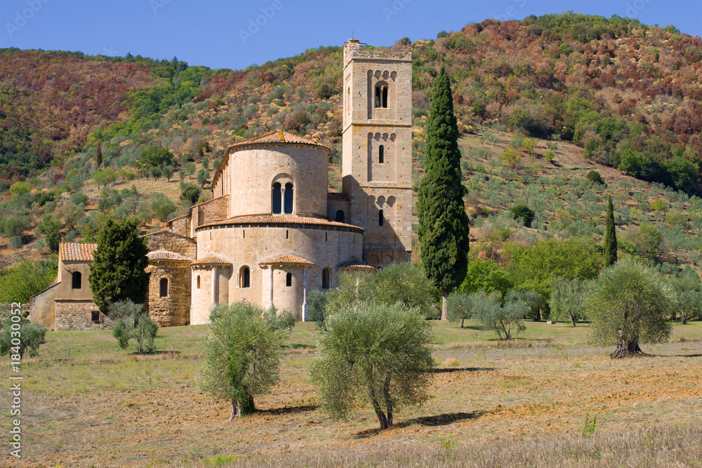 Fototapeta premium Abbey of San Antimo close up on a sunny September day. Tuscany, Italy