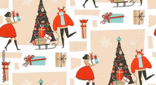Hand drawn vector abstract fun Merry Christmas time cartoon illustration seamless pattern with group of people in winter clothing,many surprise gift boxes on sleigh and xmas tree isolated on white
