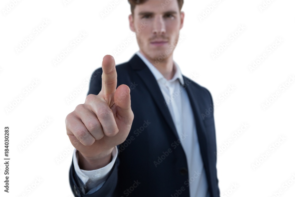 Businessman pretending to use an invisible screen Businessman pretending to use an invisible screen
