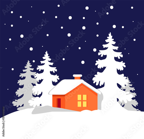 Orange House in Snowy Forest Vector Illustration