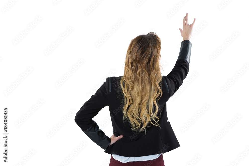 Businesswoman pretending use an invisible screen Businesswoman pretending use an invisible screen