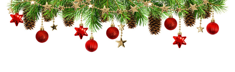Green pine twigs, balls, garlands and cones for Christmas top border