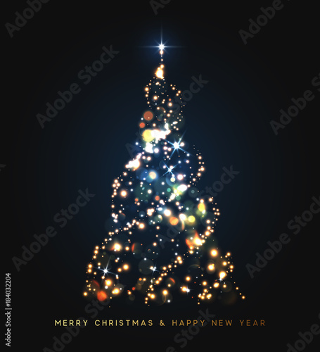 Sparkle magic xmas tree light. Greeting card Merry Christmas and Happy New Year. Vector illustration
