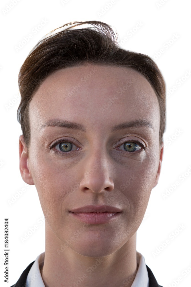 Woman smiling against white background Woman smiling against white background