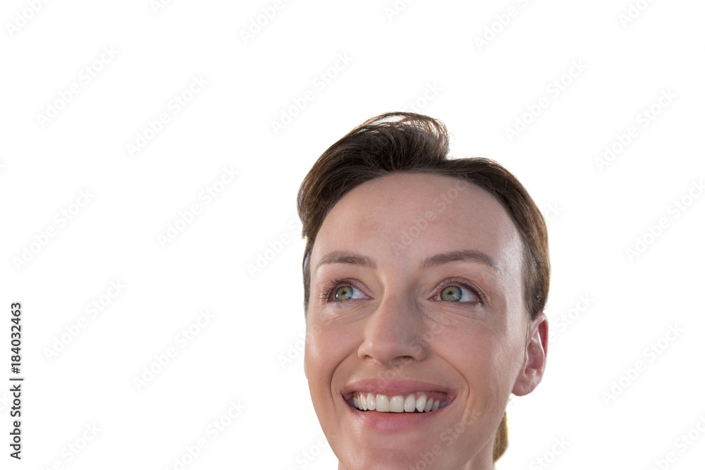 Woman smiling against white background Woman smiling against white background