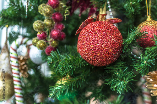 Christmas ornament ball on the chrismas tree.