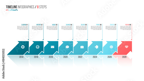 Arrows shaped timeline infographic template. 8 steps, options, p
