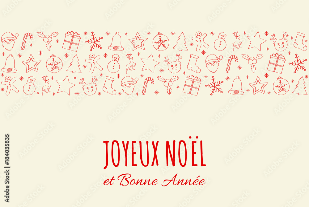 Joyeux Noel - Merry Christmas in French. Christmas card with ornaments. Vector.  dalszy plandoswiadczeniedoświadczeniedrugi plankonteksttapetatlotłoflagasztandartransparentznakomityboze narodzenieboże
