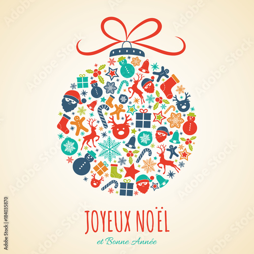 Joyeux Noel - Merry Christmas in French. Christmas card with ornaments. Vector.  dalszy plandoswiadczeniedoświadczeniedrugi plankonteksttapetatlotłoflagasztandartransparentznakomityboze narodzenieboże