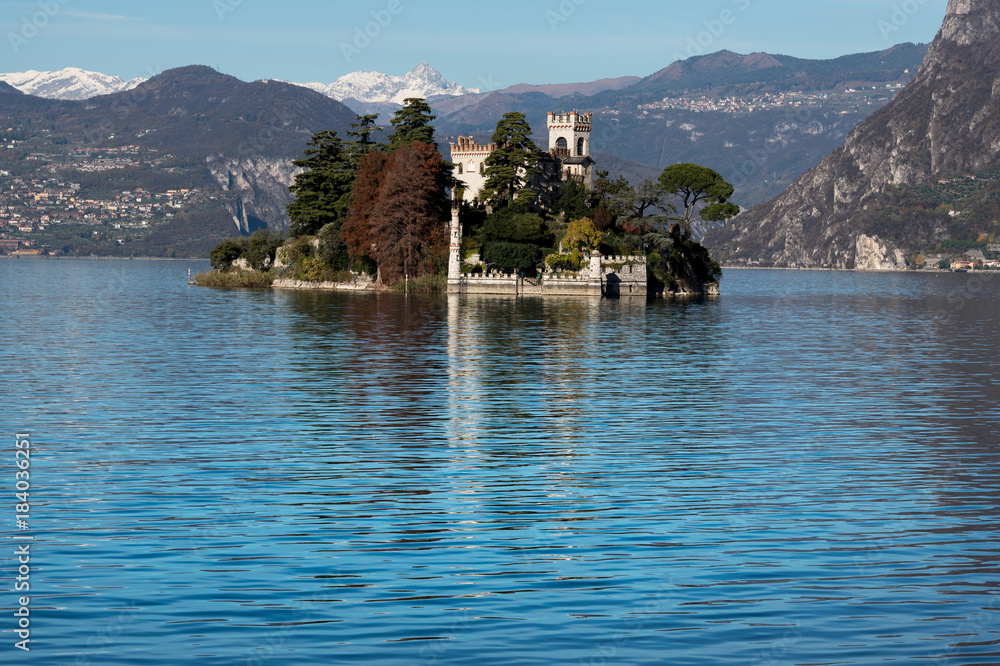 Lake Iseo and Isola di Loreto, Lombardy, Italy.