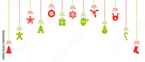 Design of panoramic header with colourful Christmas decorations. Vector.	