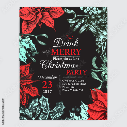 Vector illustration sketch - Greeting cards and holiday design. Vintage Xmas Menu. Christmas hand drawn Decorations - fur tree for xmas design. With balls, toys, mistletoe and fir-cone.