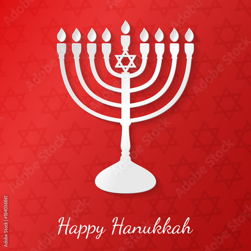 Hanukkah - card for Jewish holidays with menorah and greetings. Vector.