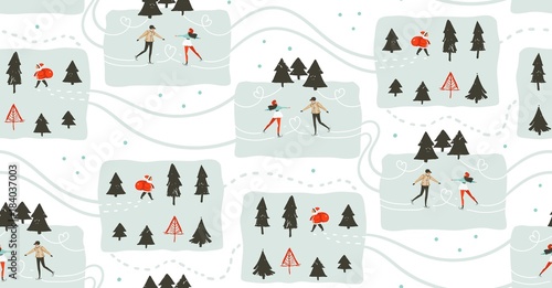Hand drawn vector abstract fun Merry Christmas time cartoon illustration seamless pattern with young couple who skating in frozen forest isolated on white background