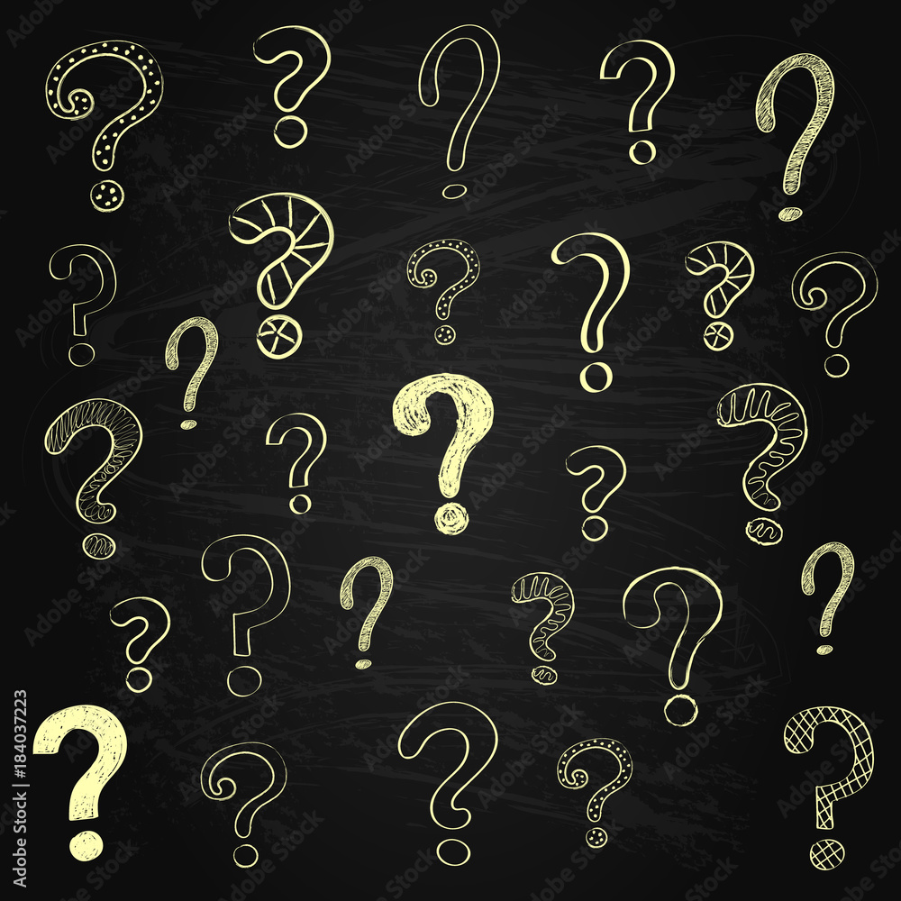 Background with different hand drawn question marks on blackboard. Vector.