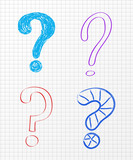 Collection of hand drawn question marks on checked paper background. Vector.