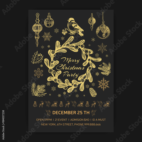 Invitation card for a friendly dinner on New Year's Eve. Invitation flyer for a Christmas party in a restaurant.
