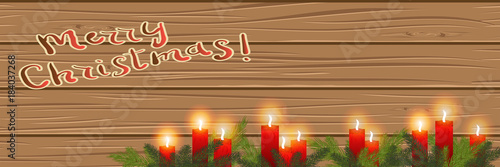 Burning candles in the branches of a Christmas tree, on a wooden background.  cosiness.Panorama.  Vector illustration. Eps 10.