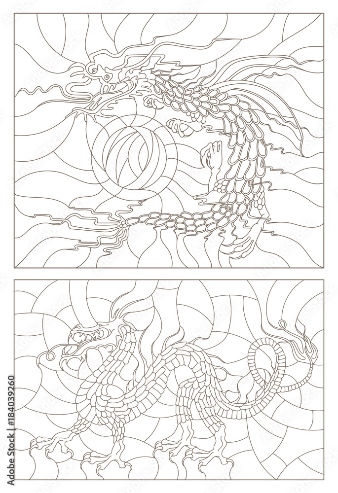 Fototapeta premium Set contour illustrations of stained glass in an abstract, dragons, dark outlines on a light background