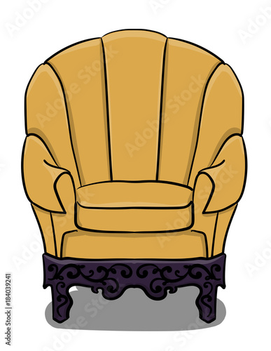 Large armchair with yellow upholstery and dark blue wooden details eps 10 illustration