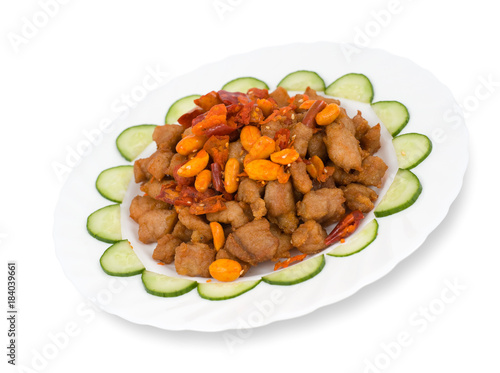 Chinese food. Spicy pork with peanuts, clipping path.