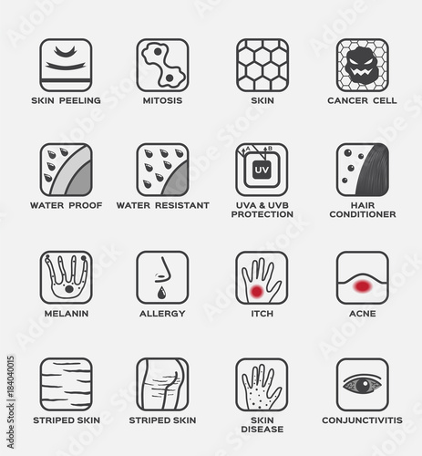 skin icon and vector set / peeling mitosis cancer cell water proof resistant uv protection hair conditioner melanin allergy itch acne striped disease conjunctivitis