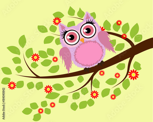 Bright cute cartoon owls sit on the flowering branches of fantastic trees