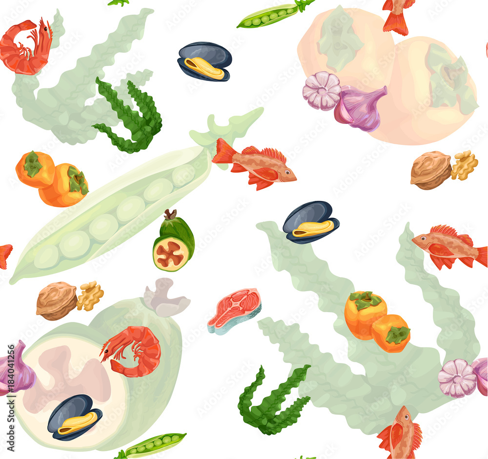 Organic food and seafood seamless pattern vector sketch colorful banner, persimmon, feijoa, sea bass, milk, carrot, garlic, walnut, salmon steak, pea, mussel, shrimp, seaweed Organic food and seafood seamless pattern vector sketch colorful banner, persimmon, feijoa, sea bass, milk, carrot, garlic, walnut, salmon steak, pea, mussel, shrimp, seaweed